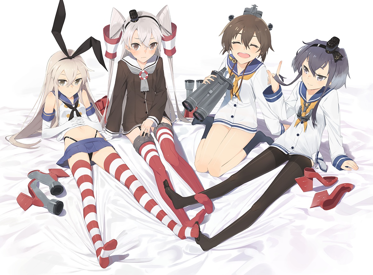 amatsukaze_(kancolle), anthropomorphism, black_hair, blonde_hair, blush, boots, brown_eyes, brown_hair