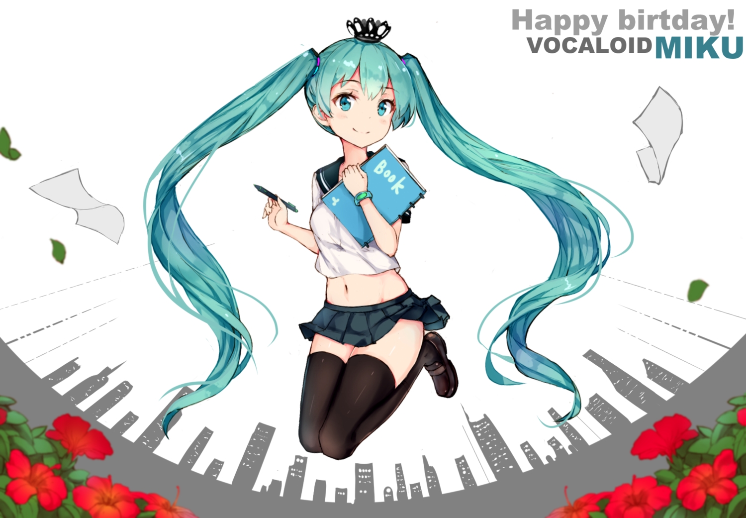 aqua_eyes, aqua_hair, book, building, city, crown, flowers, hatsune_miku, leaves, long_hair, navel, school_uniform, thighhighs, twintails, vocaloid, wristwear, zettai_ryouiki, z_shichao