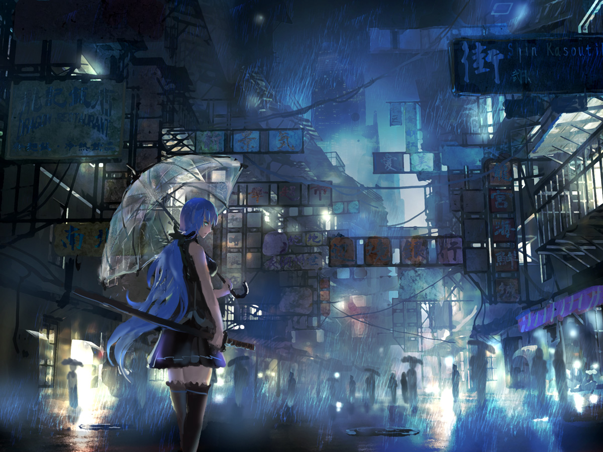 aqua_eyes, blue_hair, building, city, denki, katana, long_hair, original