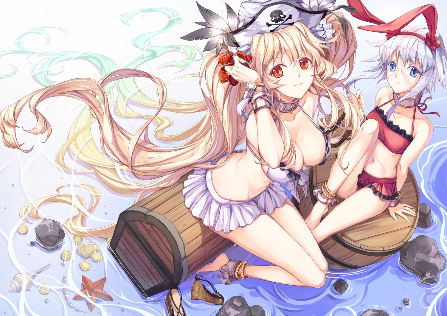 2girls, animal_ears, anne_bonny, beach, bikini, blonde_hair, blue_eyes, breasts