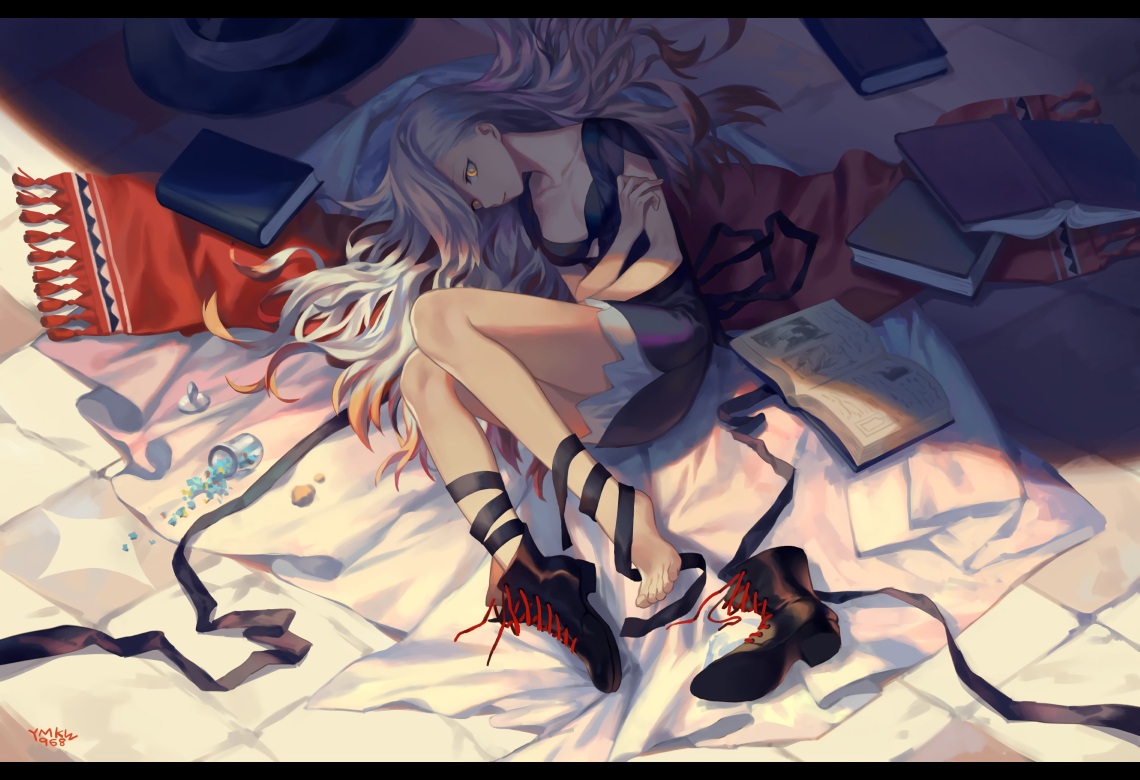 barefoot, blonde_hair, book, boots, bra, breasts, candy, cleavage, dress, long_hair, original, ribbons, scarf, shade, signed, underwear, yamakawa, yellow_eyes