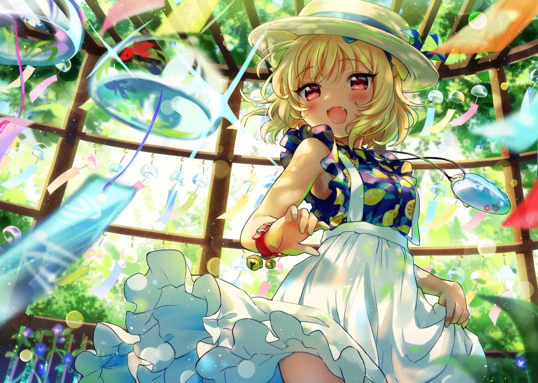 animal_ears, bell, blonde_hair, blush, catgirl, dress, fang, hat