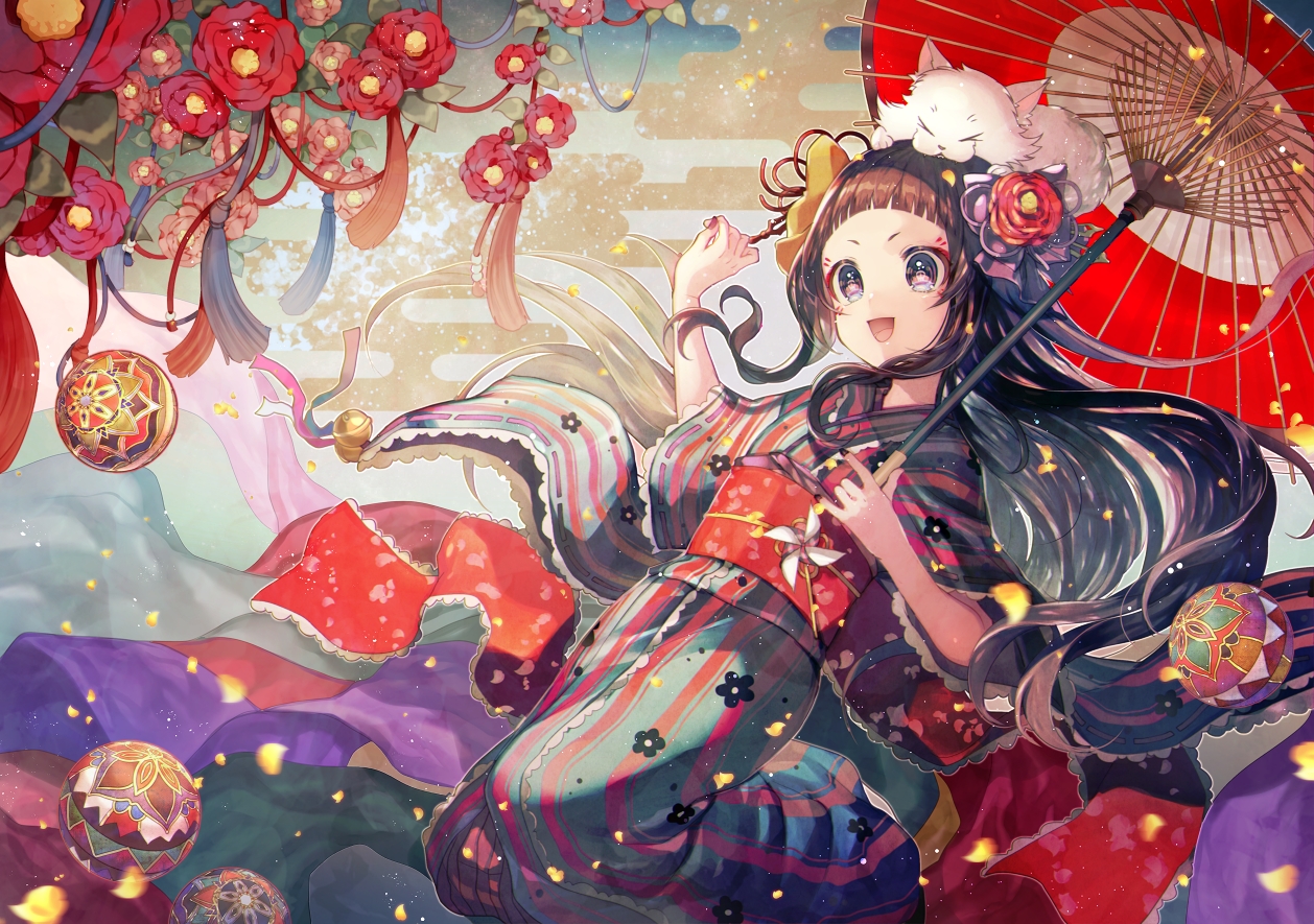 animal, ball, brown_eyes, brown_hair, cat, flowers, headdress, japanese_clothes