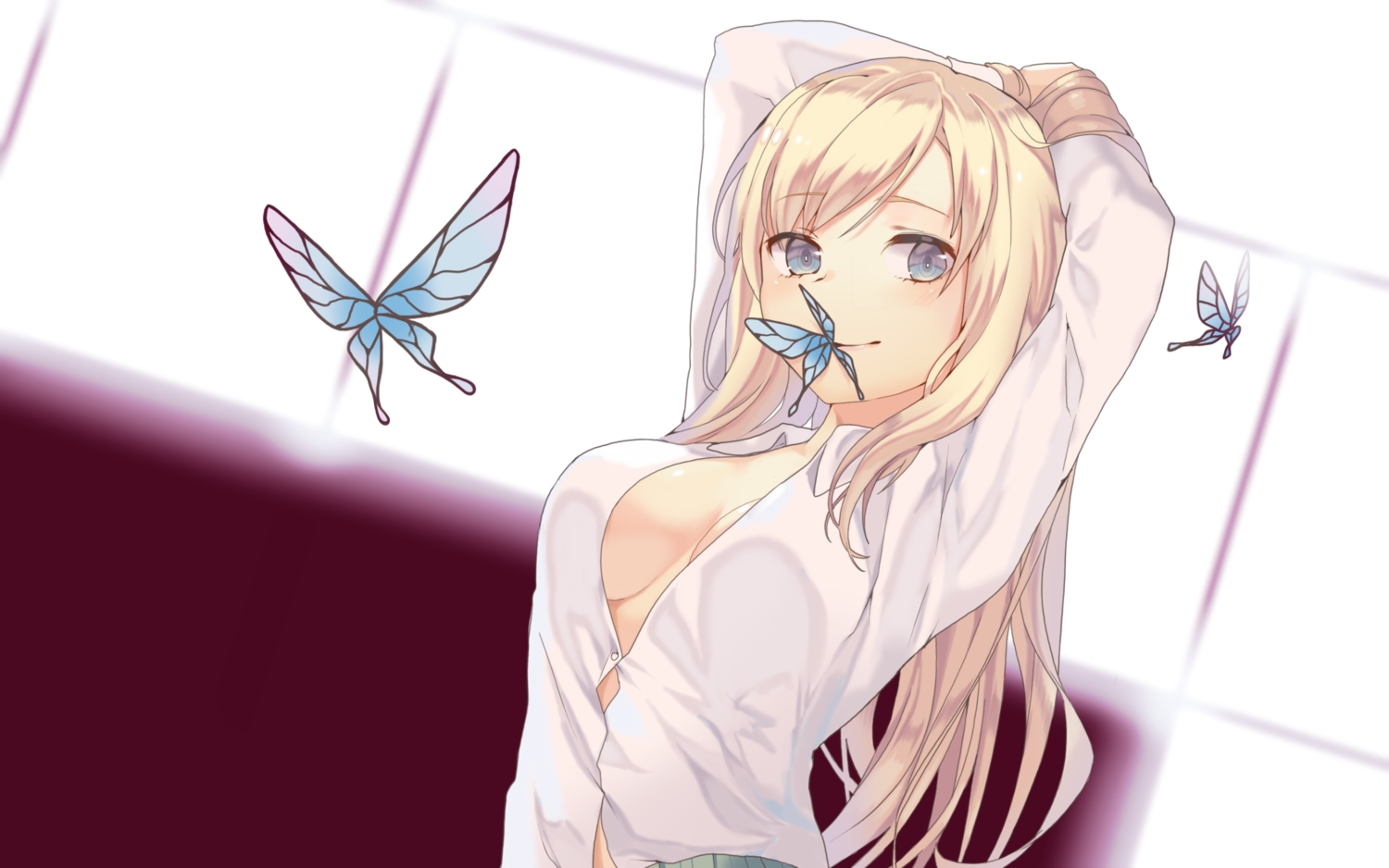 blonde_hair, blue_eyes, boku_wa_tomodachi_ga_sukunai, breasts, butterfly, cleavage, haekwon1023, kashiwazaki_sena, long_hair, no_bra, third-party_edit