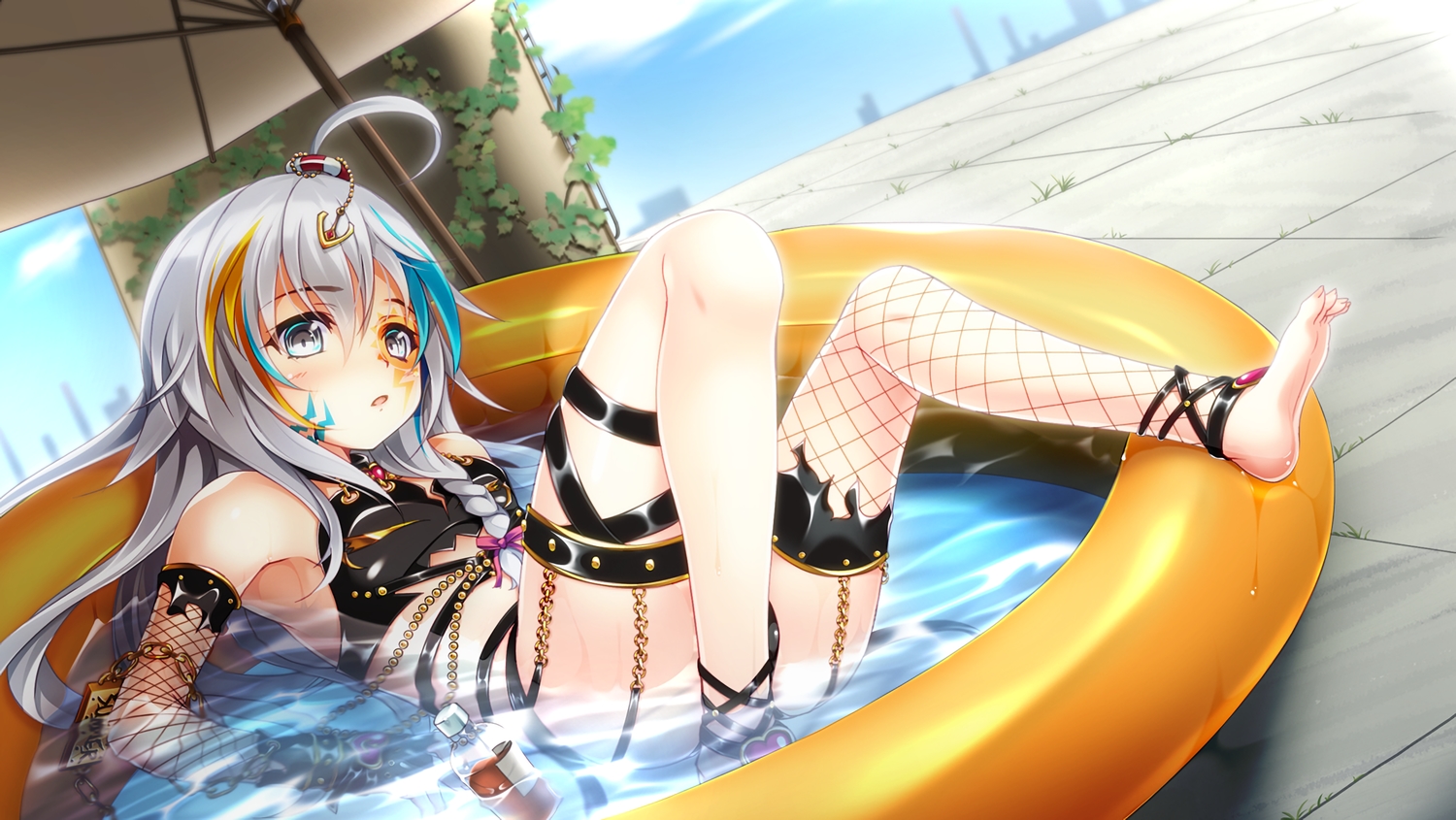 barefoot, bikini_top, chain, drink, elbow_gloves, garter, garter_belt, gloves, gray_hair, hoshi_shouko, idolmaster, idolmaster_cinderella_girls, long_hair, pool, tebukuro, waifu2x, water, wet
