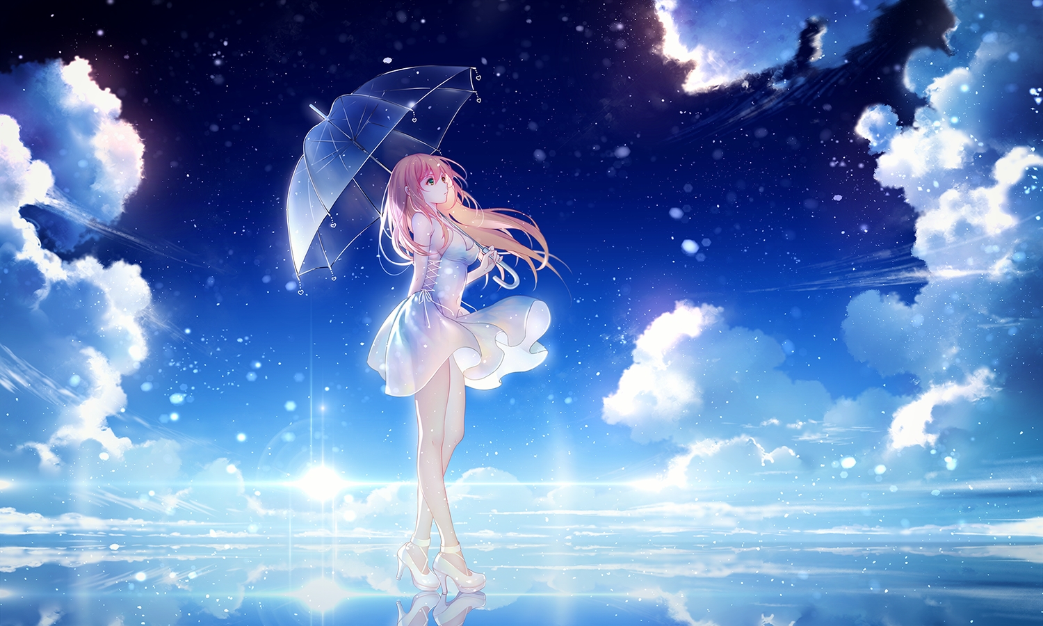 bicolored_eyes, breasts, clouds, dress, long_hair, niya, original, pink_hair