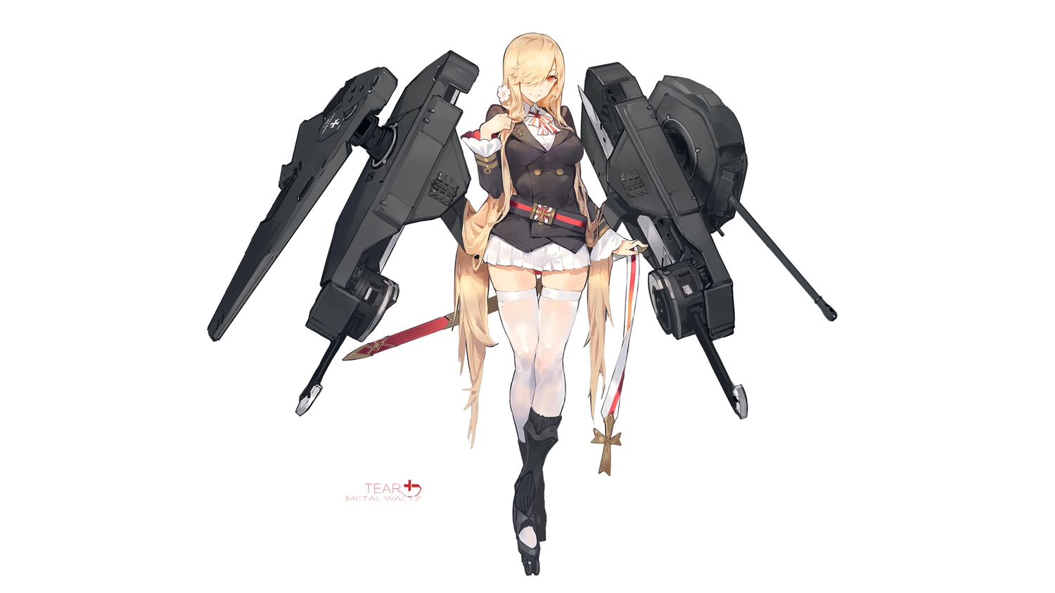 anthropomorphism, blonde_hair, boots, kishiyo, long_hair, mechagirl, military, orange_eyes