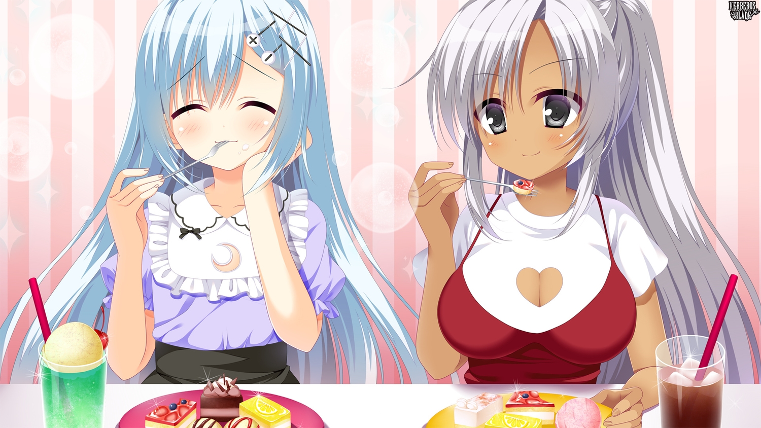 2girls, aqua_hair, blush, breasts, cake, candy, chocolate, cleavage