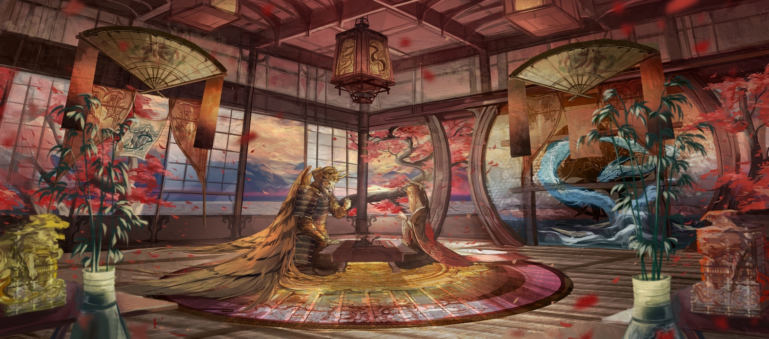 armor, autumn, brown_hair, clouds, dragon, drink, fan, horns