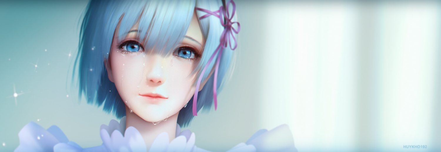 aqua_eyes, aqua_hair, close, crying, dualscreen, huykho192, realistic, rem_(re:zero), re:zero_kara_hajimeru_isekai_seikatsu, ribbons, short_hair, tears