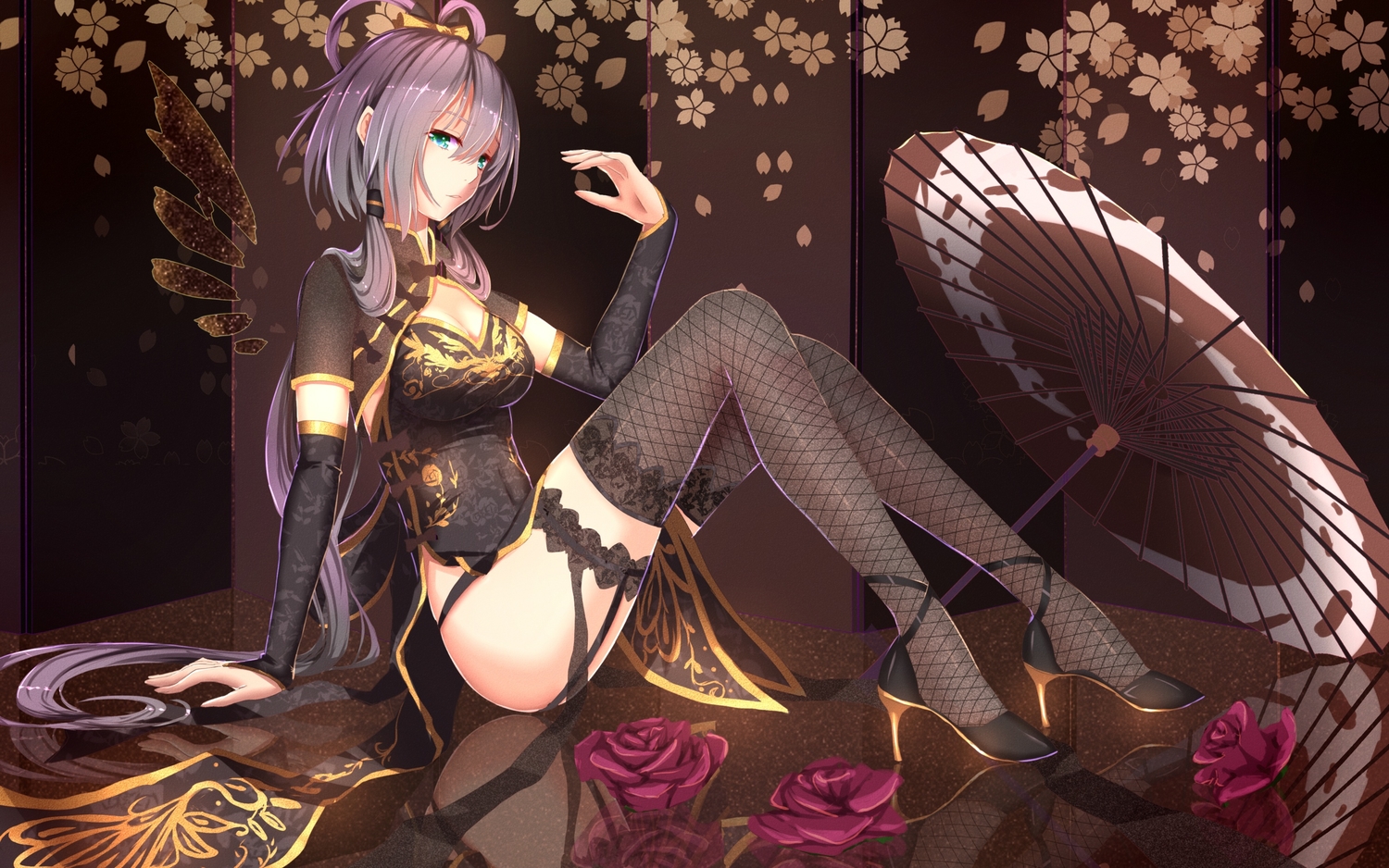 bakanoe, chinese_clothes, elbow_gloves, flowers, garter, garter_belt, gloves, gray_hair, green_eyes, luo_tianyi, reflection, rose, thighhighs, twintails, umbrella, vocaloid, vsinger