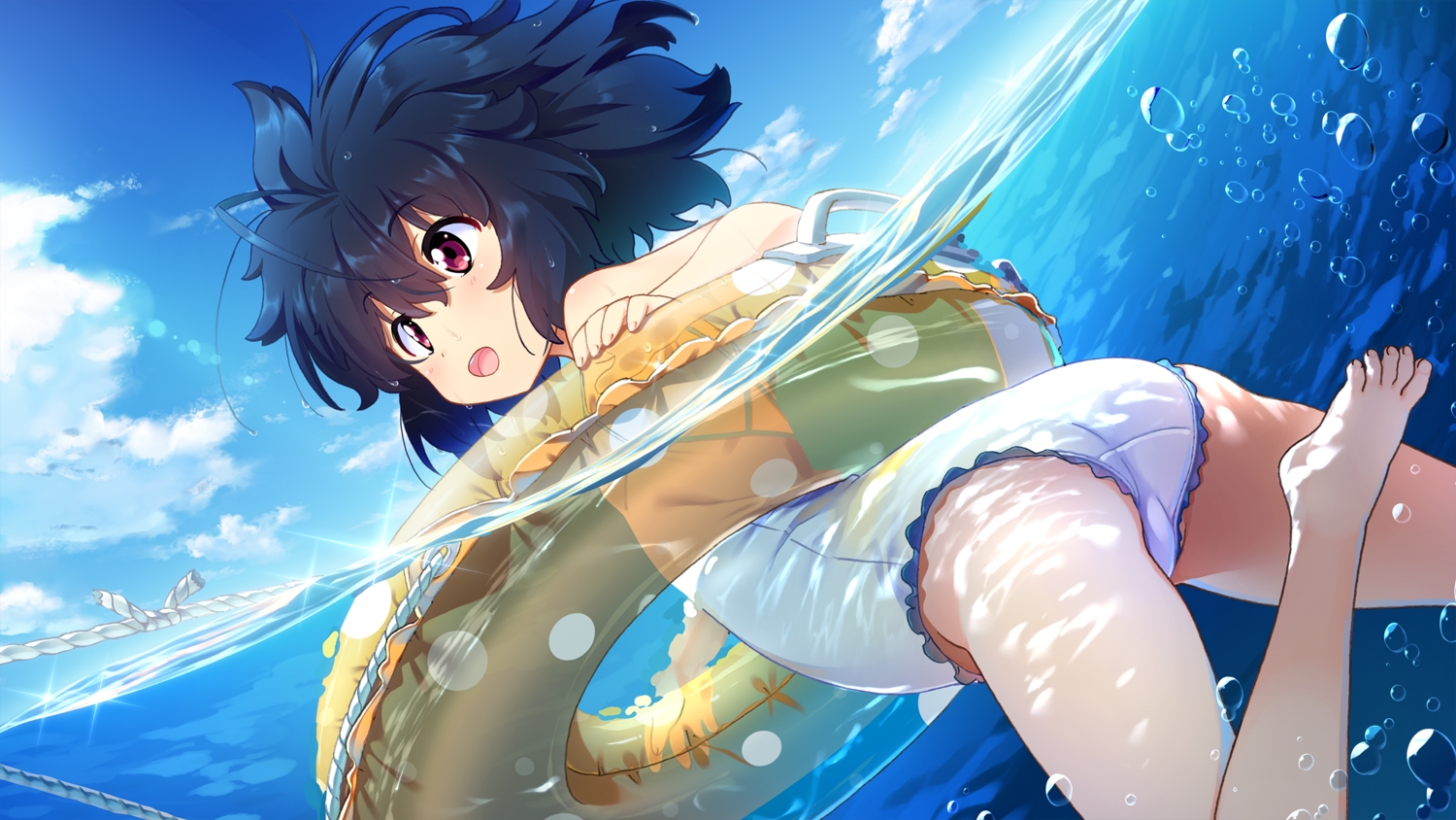 barefoot, black_hair, front_wing, game_cg, garandou_sara, island_(game), kuuchuu_yousai, loli, red_eyes, rope, swim_ring, swimsuit, water, wet