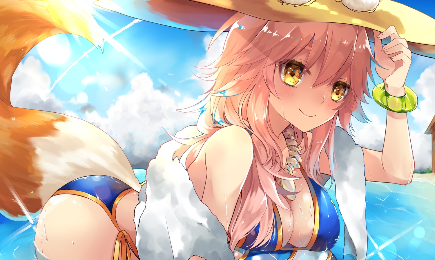 animal_ears, bikini, breasts, cleavage, close, fate/extra, fate/grand_order, fate_(series), foxgirl, hat, ichinosenen, swimsuit, tail, tamamo_no_mae_(fate), water, wet, wristwear