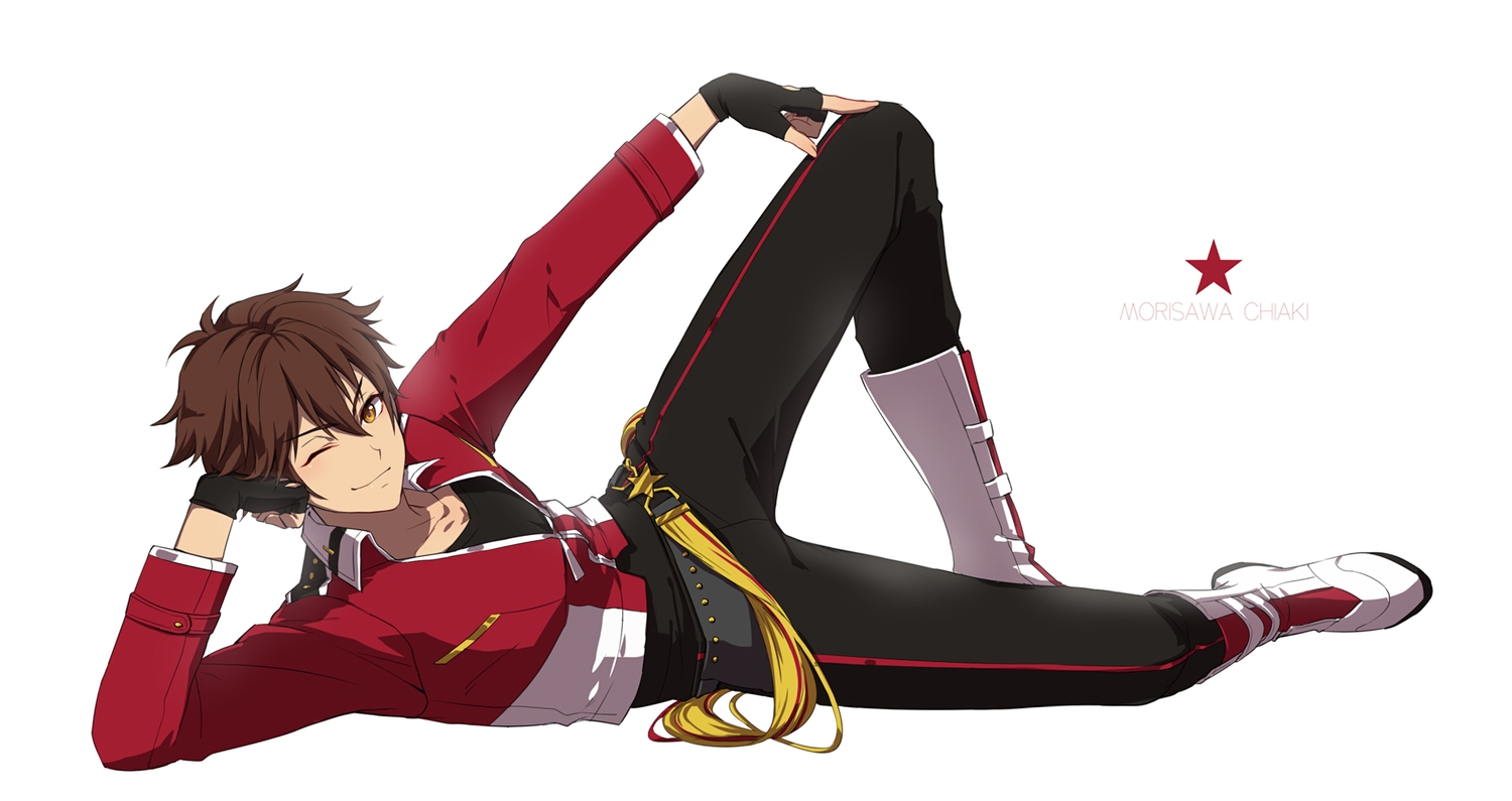 all_male, boots, brown_hair, ensemble_stars!, gloves, male, mfcls, morisawa_chiaki, orange_eyes, short_hair, waifu2x, white, wink