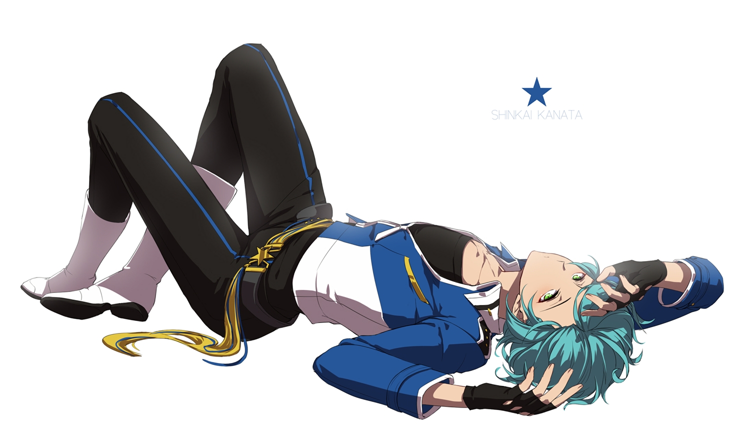 all_male, aqua_hair, boots, ensemble_stars!, gloves, green_eyes, male, mfcls, shinkai_kanata, short_hair, waifu2x, white