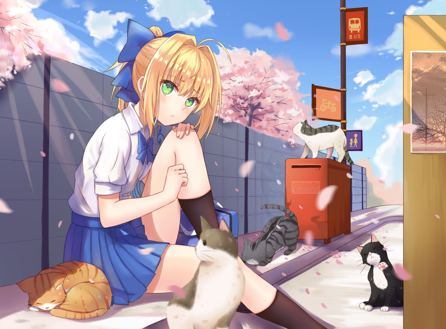animal, artoria_pendragon_(all), blonde_hair, blush, bow, cat, cherry_blossoms, clouds, fate_(series), fate/stay_night, flowers, green_eyes, kneehighs, ponytail, saber, school_uniform, sky, tree, yuhuan