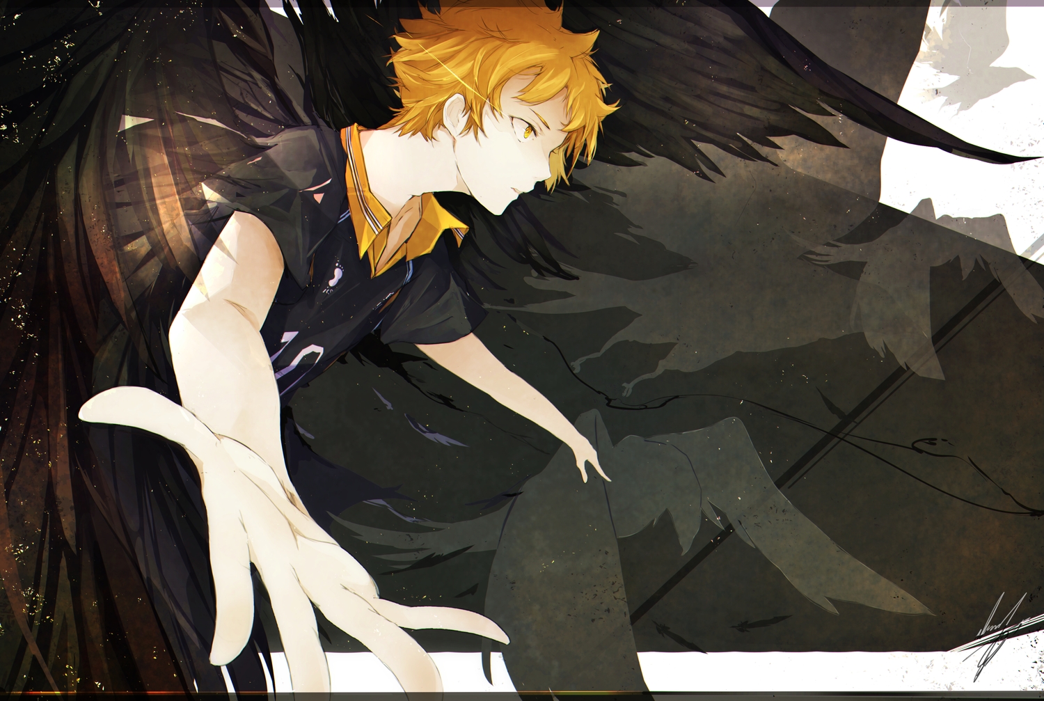 all_male, animal, bird, haikyuu!!, hinata_shouyou, male, marumoru, orange_eyes