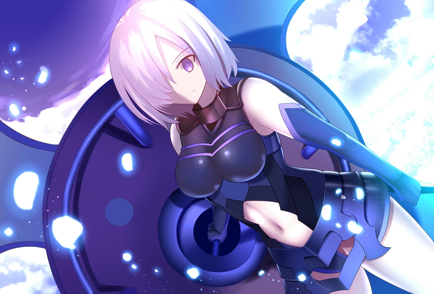 armor, bodysuit, breasts, clouds, elbow_gloves, fate/grand_order, fate_(series), gloves, jpeg_artifacts, mash_kyrielight, navel, paperfinger, purple_eyes, short_hair, skintight, sky, white_hair