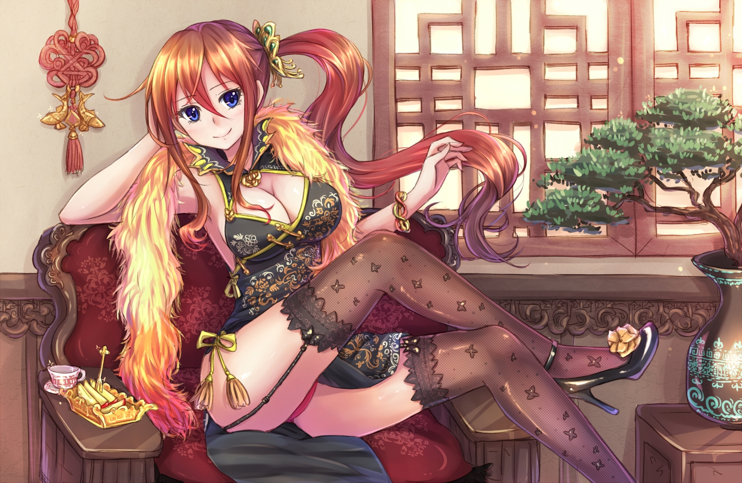 apple, blue_eyes, breasts, chinese_clothes, chinese_dress, cleavage, dress, food, fruit, garter_belt, long_hair, orange_hair, original, panties, ponytail, stockings, suikakitsu_shiro, thighhighs, tree, underwear, wristwear