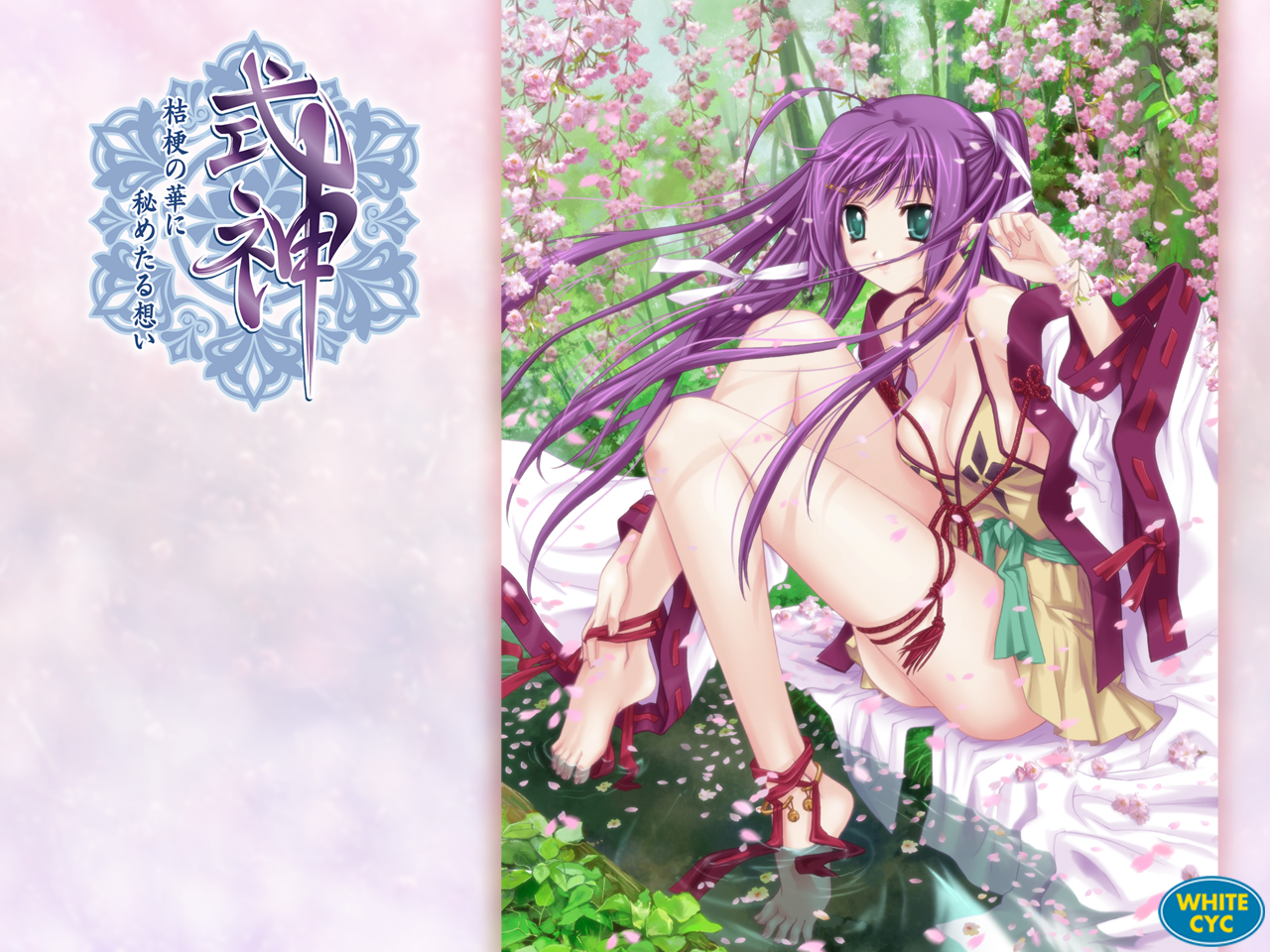 barefoot, blue_eyes, blue_hair, bow, breasts, cleavage, flowers, grass, japanese_clothes, leaves, long_hair, ponytail, tree, water, watermark, white_cyc