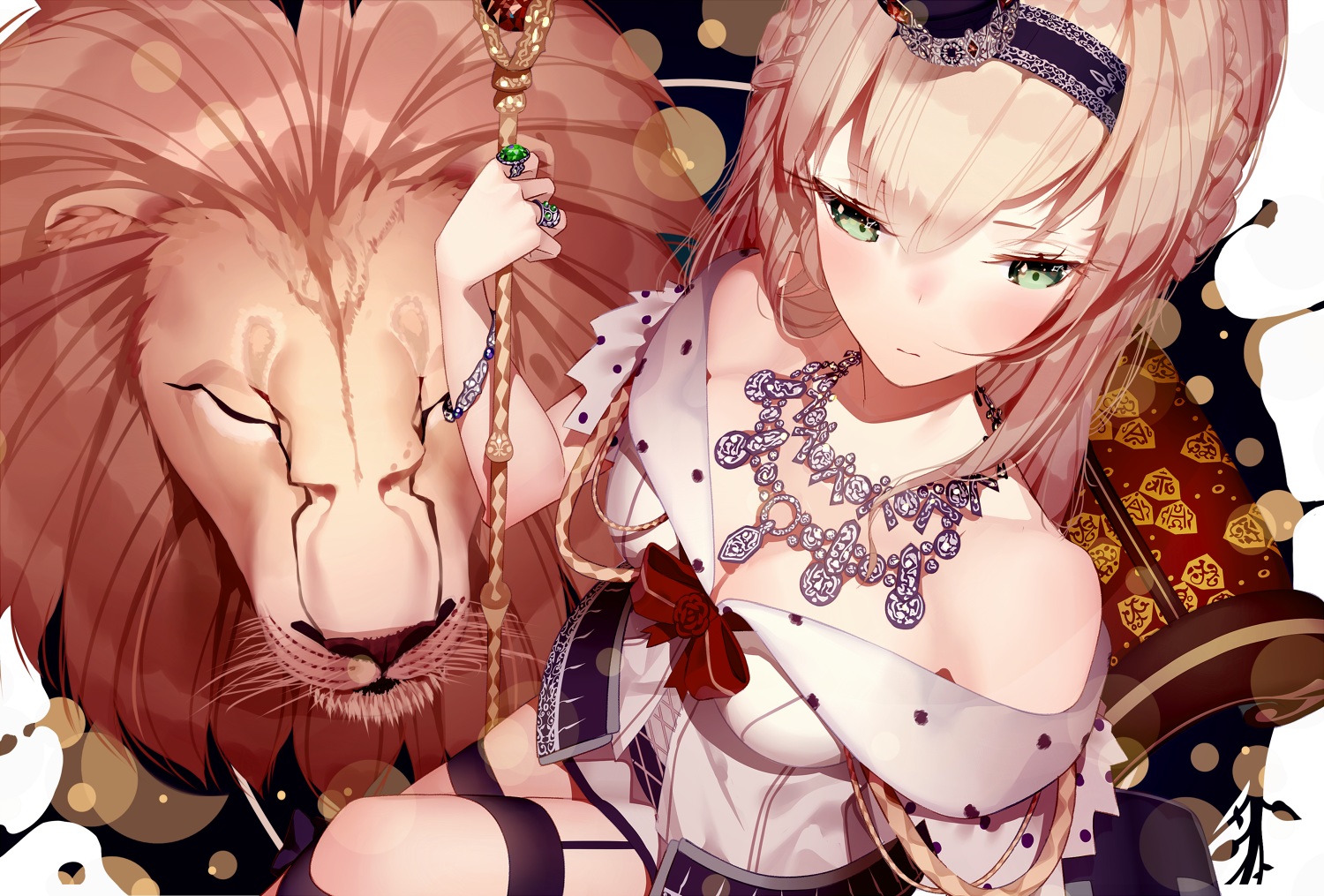 animal, anthropomorphism, atha, blonde_hair, bow, braids, crown, dress