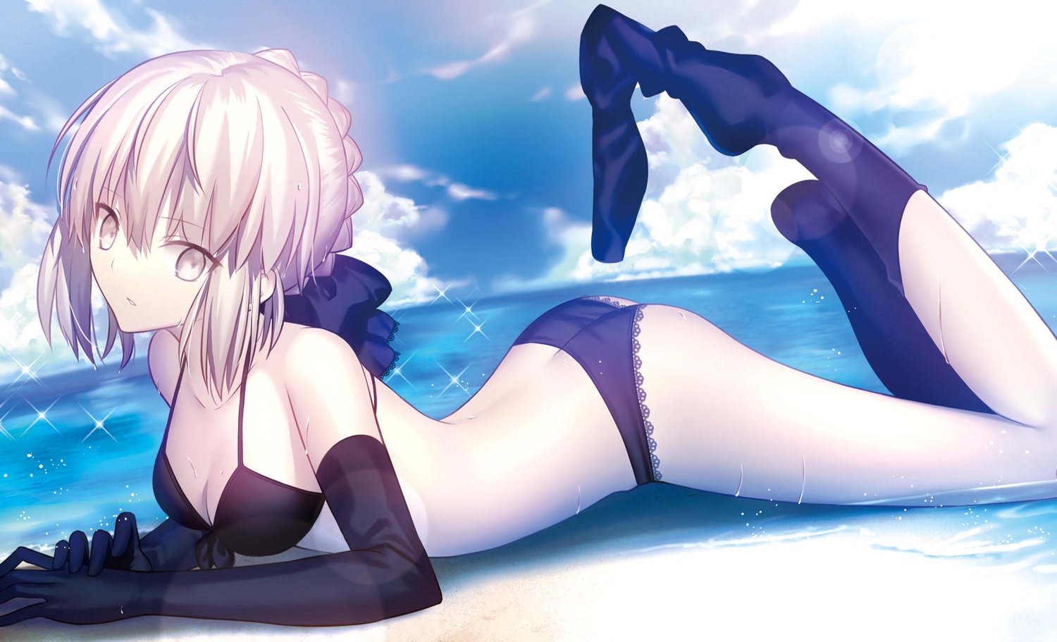 artoria_pendragon_(all), ass, beach, blonde_hair, elbow_gloves, fate/grand_order, fate_(series), fate/stay_night, gloves, mashima_saki_(mashimasa), saber, saber_alter, swimsuit, thighhighs, yellow_eyes