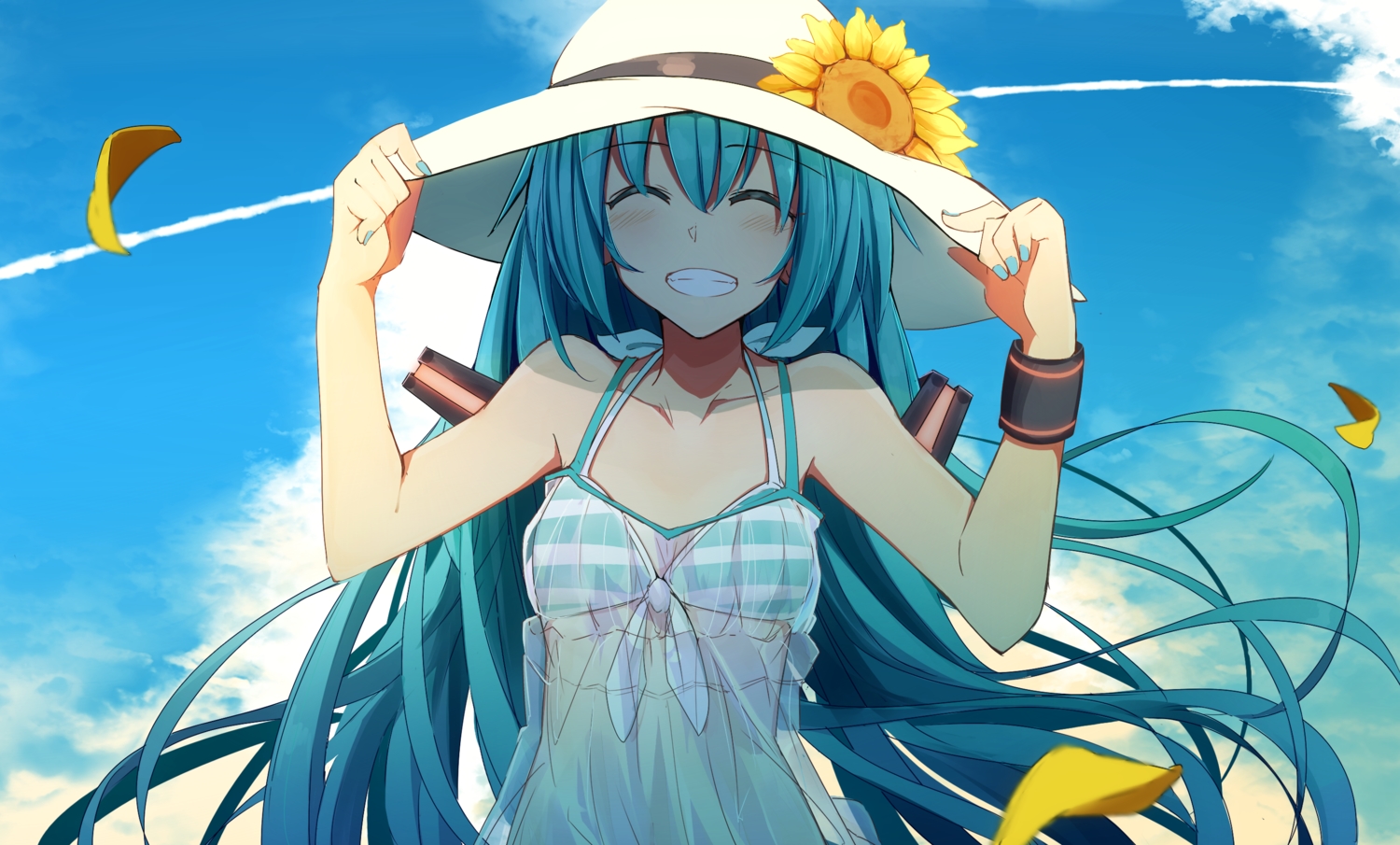 aqua_eyes, clouds, flowers, hat, hatsune_miku, kazenoko, long_hair, see_through, sky, sunflower, twintails, vocaloid