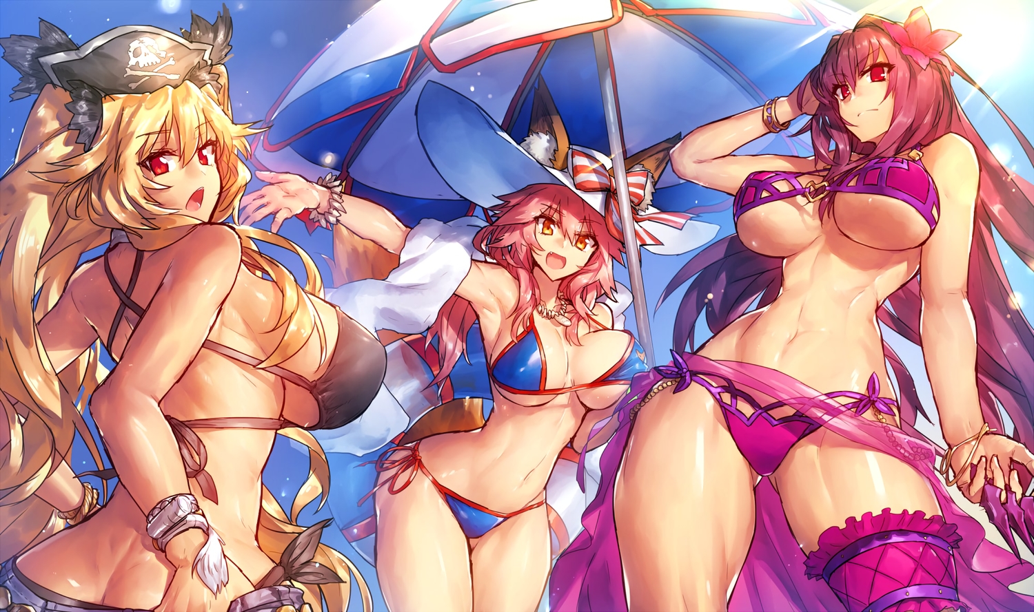 animal_ears, anne_bonny, bikini, fate/grand_order, fate_(series), foxgirl, melon22, scathach_(fate/grand_order), swimsuit, tamamo_no_mae_(fate)