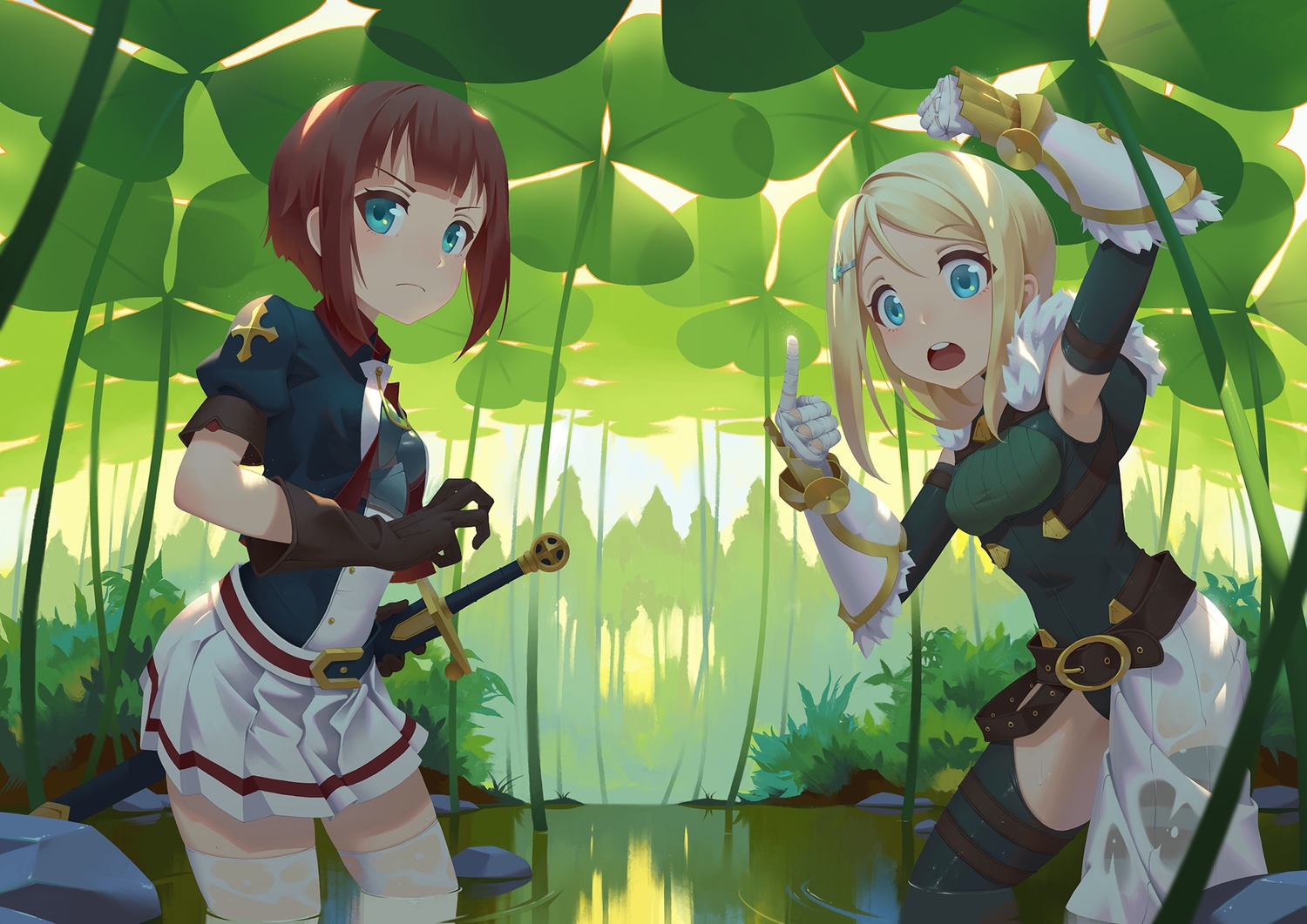 aqua_eyes, ayase_arisa, blonde_hair, brown_hair, gloves, green, kousaka_yukiho, leaves, long_hair, love_live!_school_idol_project, regition, shade, short_hair, skirt, sword, thighhighs, water, weapon, wet