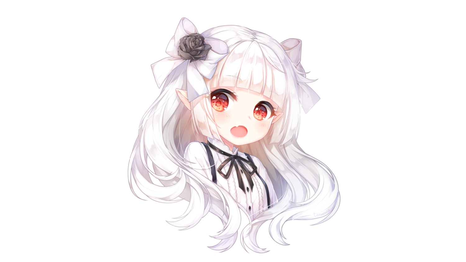 bow, close, flowers, loli, long_hair, original, pointed_ears, red_eyes, ribbons, rose, tonowa, white, white_hair