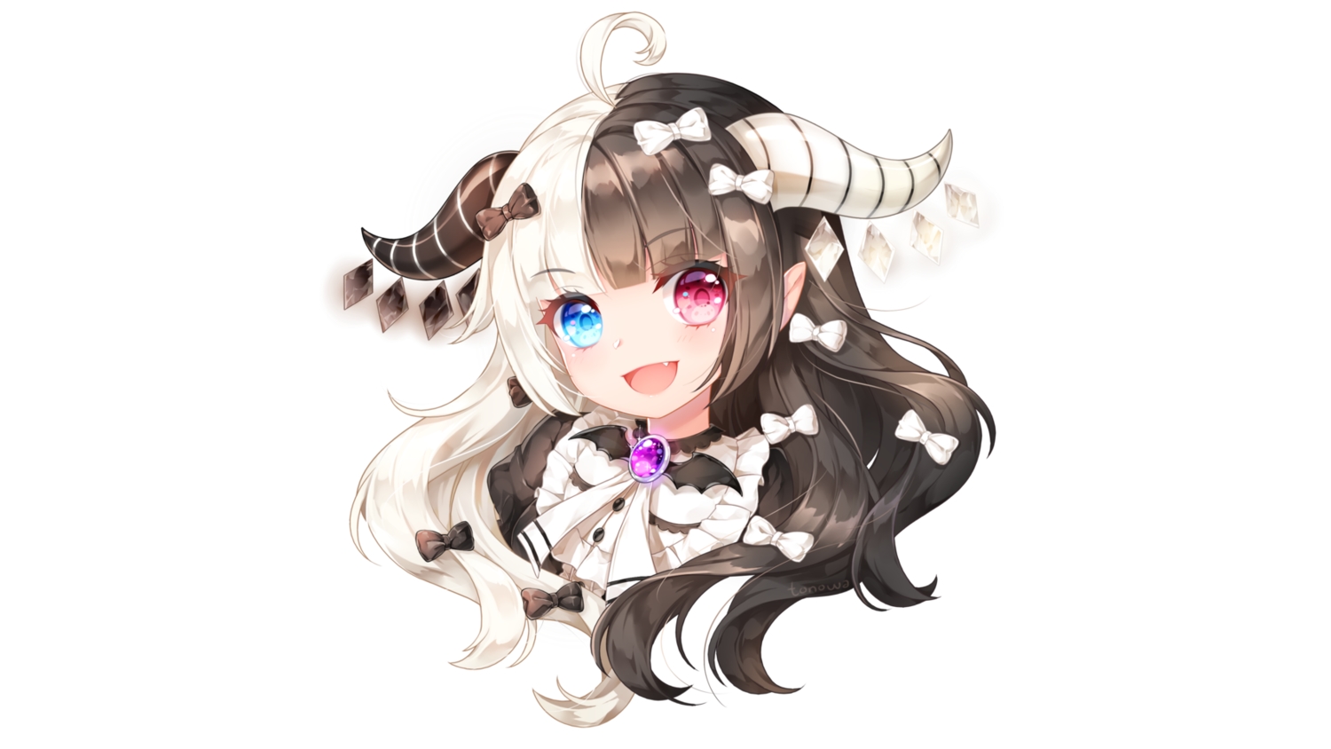 bicolored_eyes, black_hair, bow, close, fang, horns, loli, original, pointed_ears, tonowa, white_hair