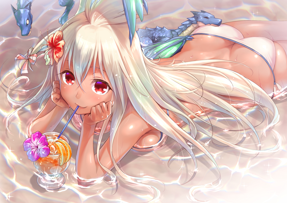 ass, bikini, blonde_hair, breasts, dark_skin, dragon, drink, flowers, food, fruit, granblue_fantasy, long_hair, misao_(kami_no_misoshiru), orange_(fruit), red_eyes, swimsuit, water, zooey_(granblue_fantasy)
