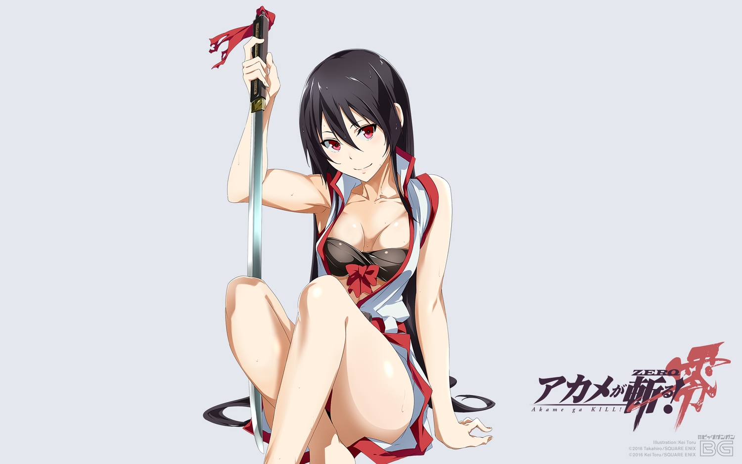 akame, akame_ga_kill!, akame_ga_kill!_zero, black_hair, breasts, cleavage, dress, kei_toru, long_hair, open_shirt, red_eyes, sword, weapon