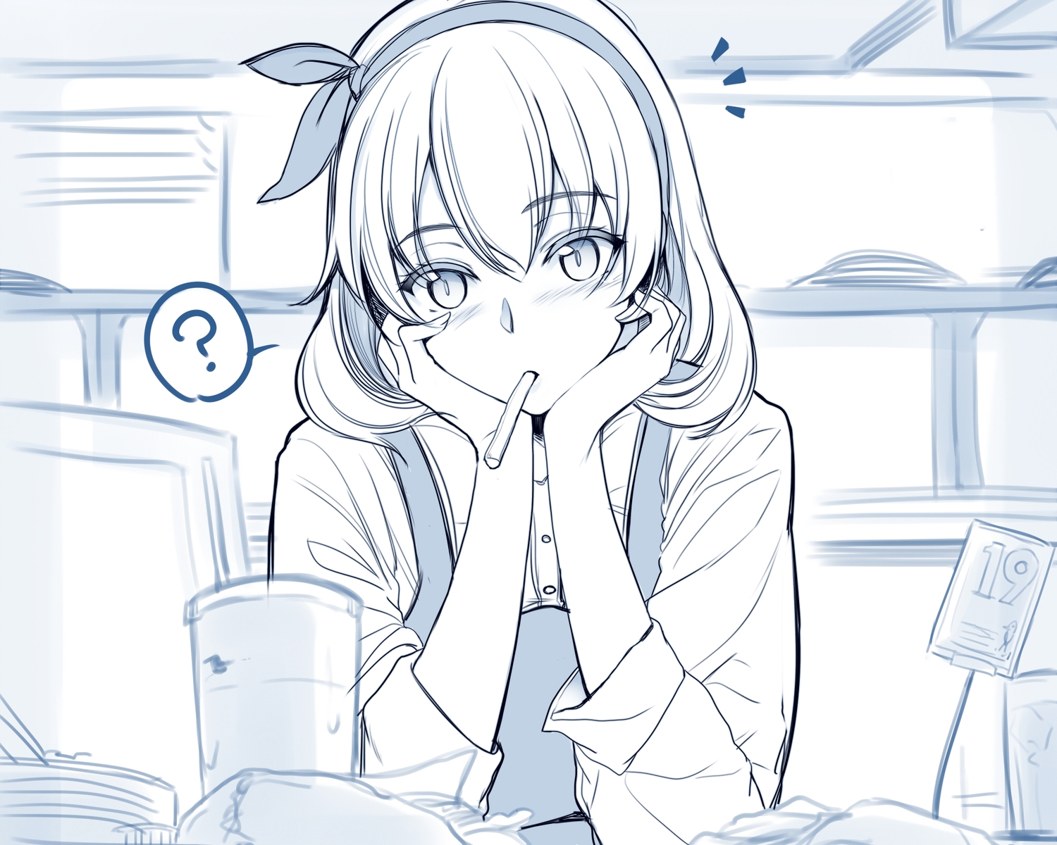 blush, candy, cropped, drink, lollipop, monochrome, original, short_hair, warabino_matsuri