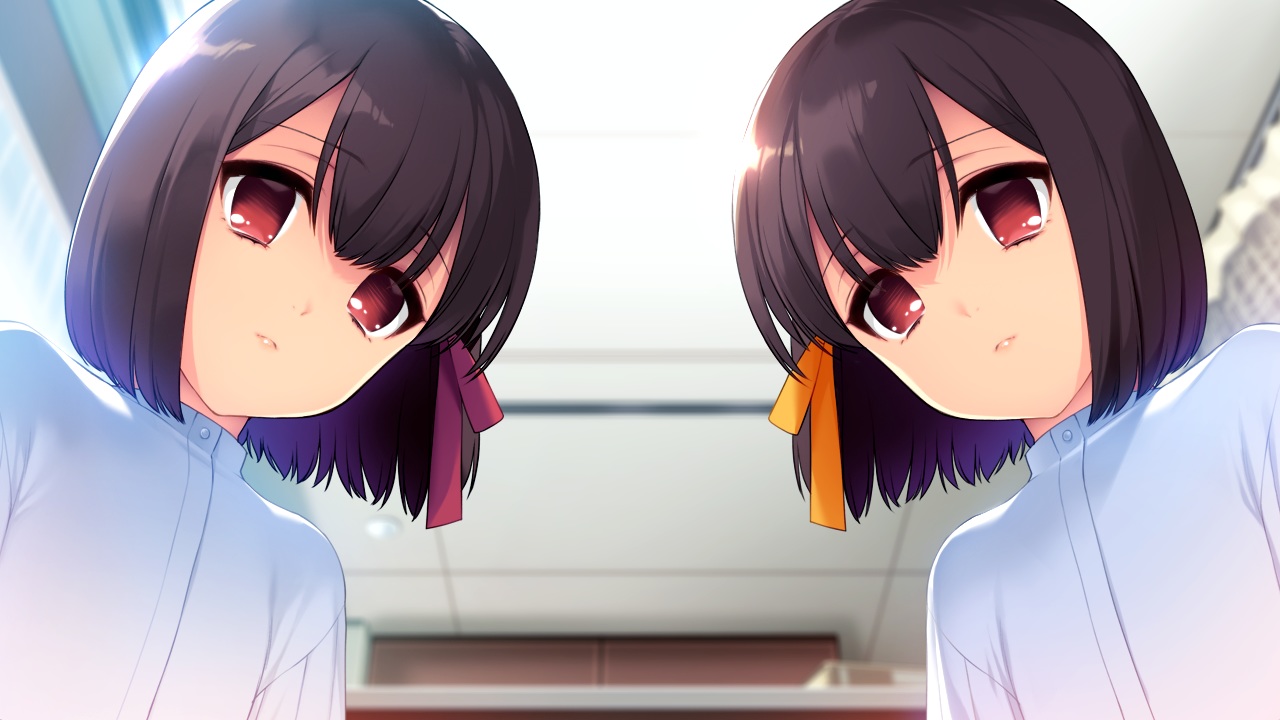2girls, akeiro_kaikitan, brown_hair, close, game_cg, loli, red_eyes, ribbons, ruka_(akeiro_kaikitan), ruri_(akeiro_kaikitan), short_hair, sumeragi_kohaku, twins