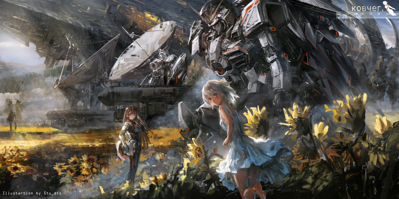 2girls, mecha, mobile_suit_gundam, original, stu_dts, watermark