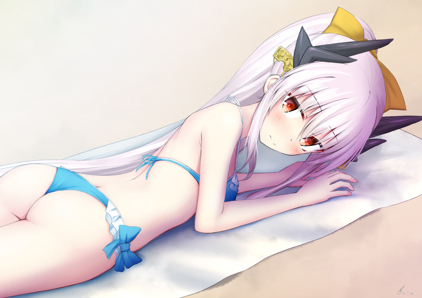 basa_rutan, bikini, blush, bow, fate/grand_order, fate_(series), kiyohime_(fate/grand_order), long_hair, ponytail, red_eyes, swimsuit