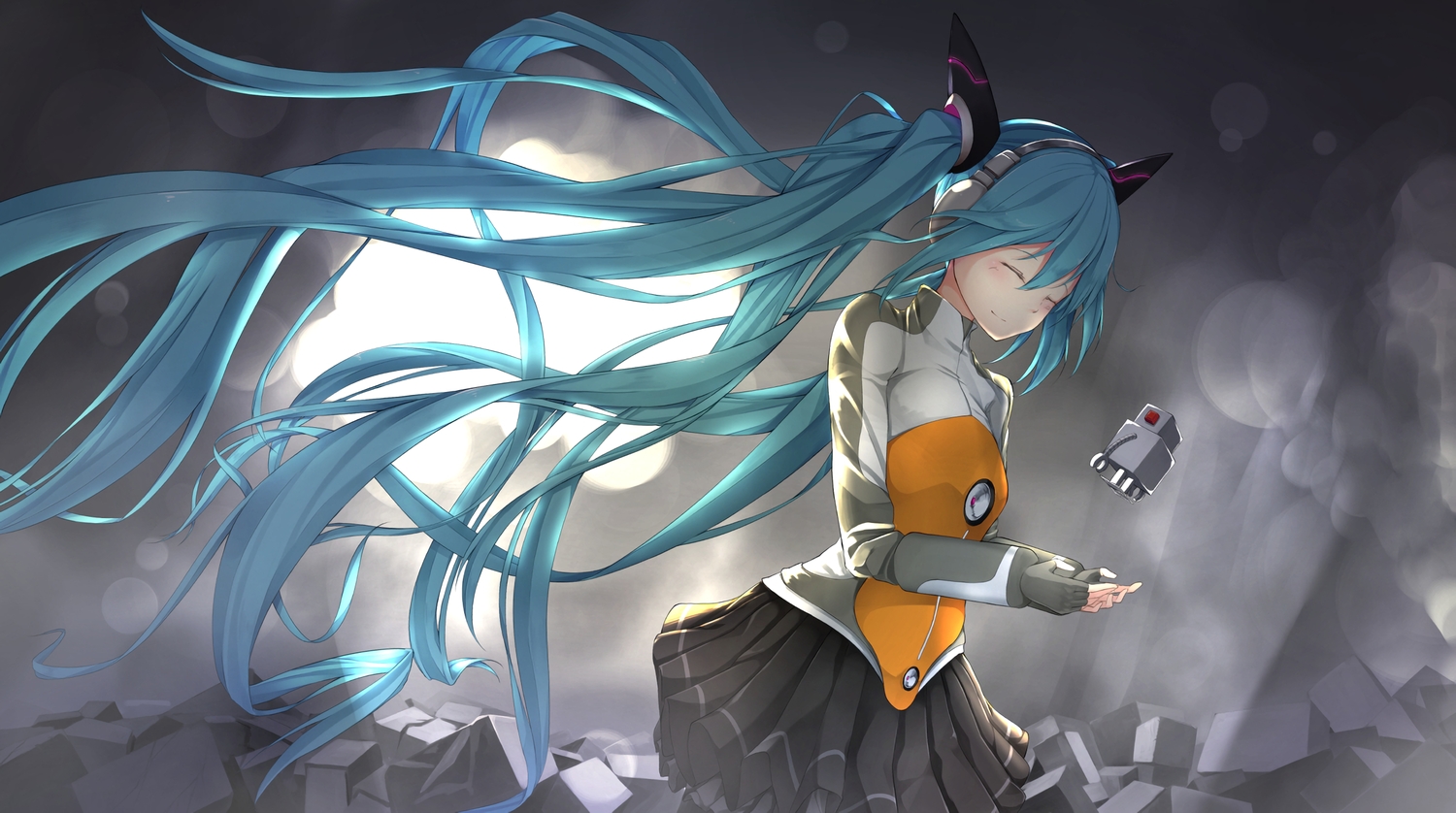 blue_hair, hatsune_miku, headphones, hiraba_6018, long_hair, odds_&_ends_(vocaloid), skirt, twintails, vocaloid, waifu2x