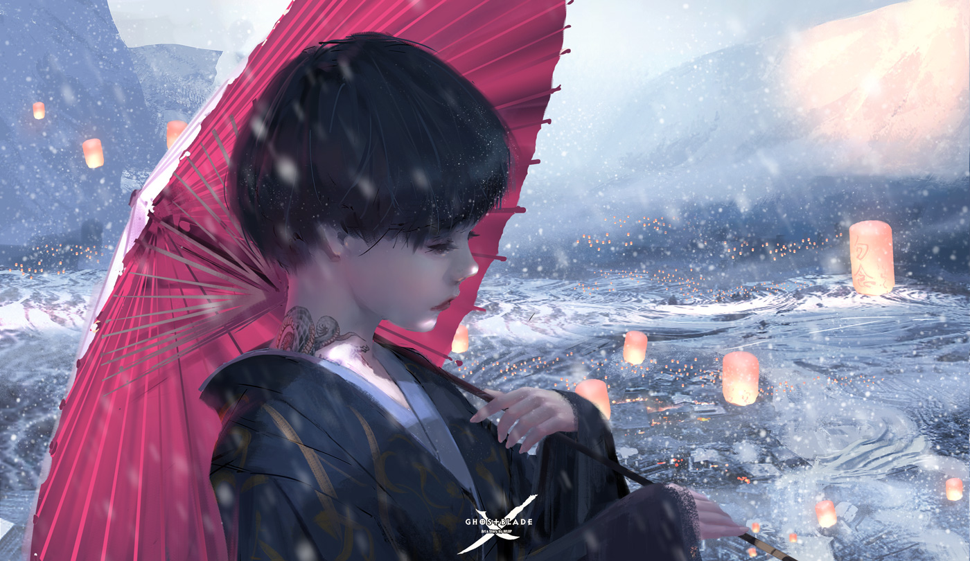 black_hair, chinese_clothes, ghostblade, jade_(ghostblade), logo, realistic, short_hair, tattoo, umbrella, wlop