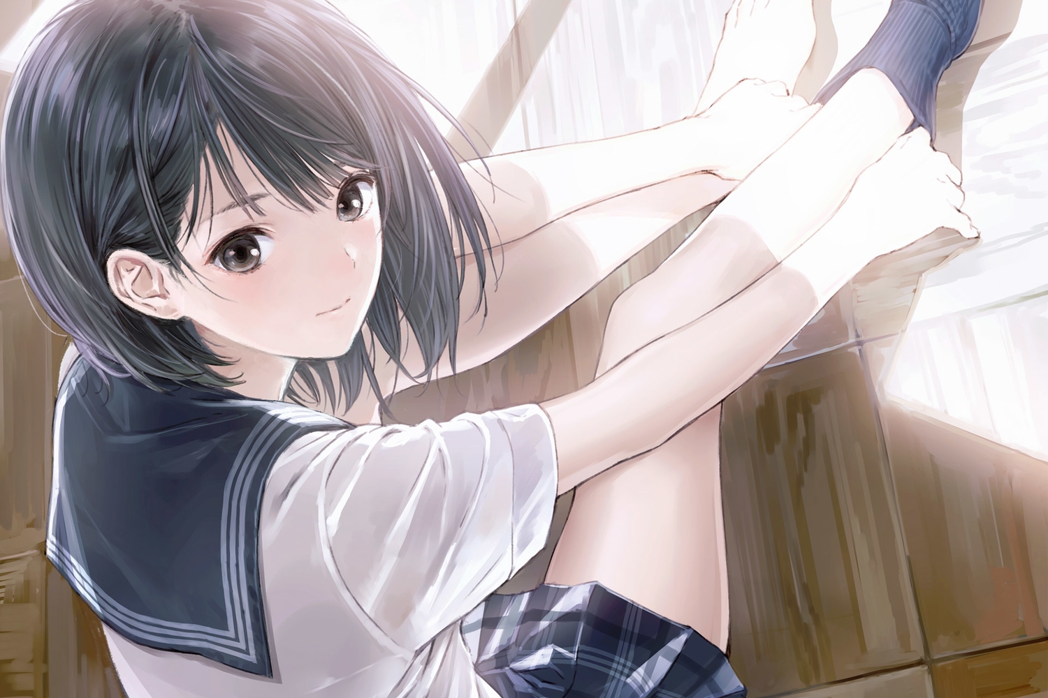 blue_reflection, dressing, jpeg_artifacts, kishida_mel, school_uniform, shirai_hinako, socks