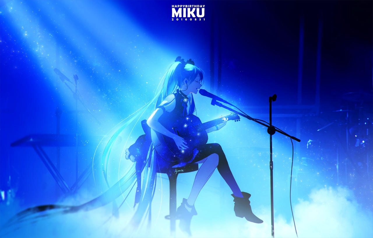 ajimita, aqua_hair, blue, guitar, hatsune_miku, instrument, long_hair, microphone, twintails, vocaloid