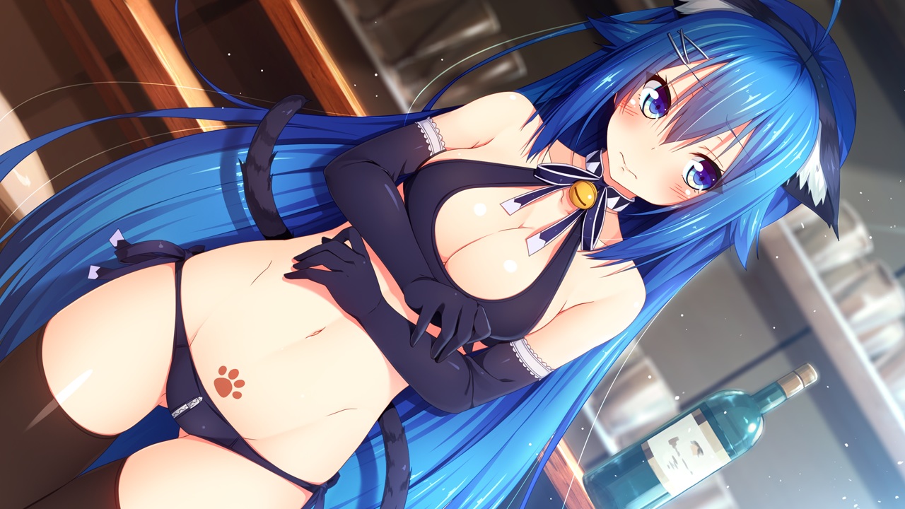 animal_ears, aqua_eyes, aqua_hair, aristear_remain, astronauts, bell, bikini, blush, breasts, catgirl, cleavage, collar, cosplay, elbow_gloves, furukawa_mai, game_cg, gloves, headband, kokusan_moyashi, long_hair, rozea, swimsuit, tail, tattoo, thighhighs
