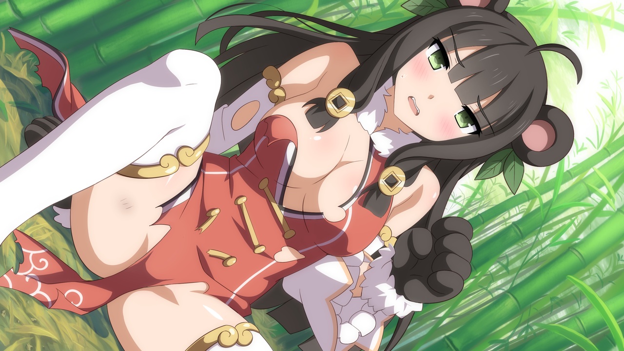 animal_ears, black_hair, blush, elbow_gloves, fang, forest, game_cg, gloves, green, green_eyes, long_hair, sakura_dungeon, spread_legs, thighhighs, torn_clothes, tree, wanaca, winged_cloud