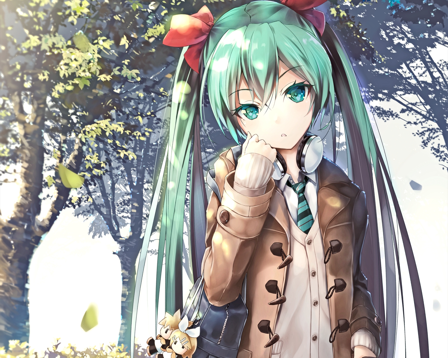ajigo, aqua_eyes, aqua_hair, autumn, cropped, doll, hatsune_miku, headphones, kagamine_len, kagamine_rin, leaves, long_hair, tie, tree, twintails, vocaloid, waifu2x