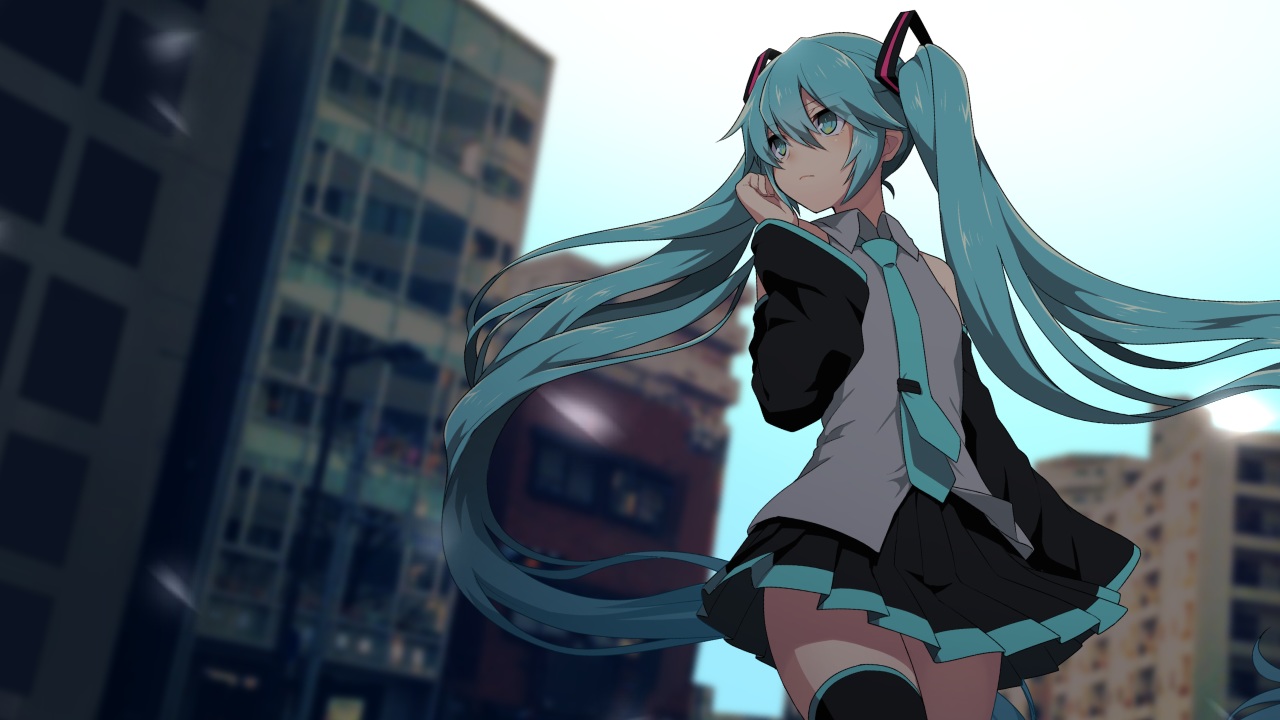 aqua_eyes, aqua_hair, building, city, hatsune_miku, long_hair, matsuda_toki, skirt, thighhighs, tie, vocaloid, zettai_ryouiki