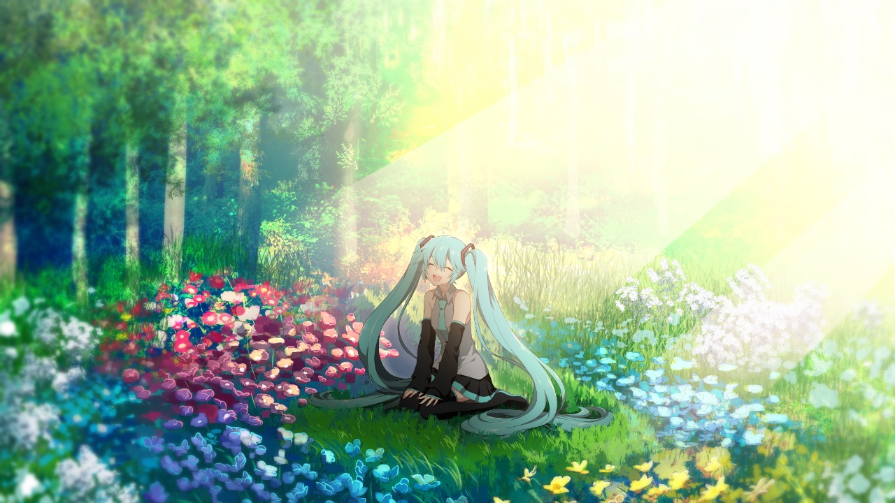 aqua_hair, flowers, grass, green, hatsune_miku, long_hair, matsuda_toki, skirt