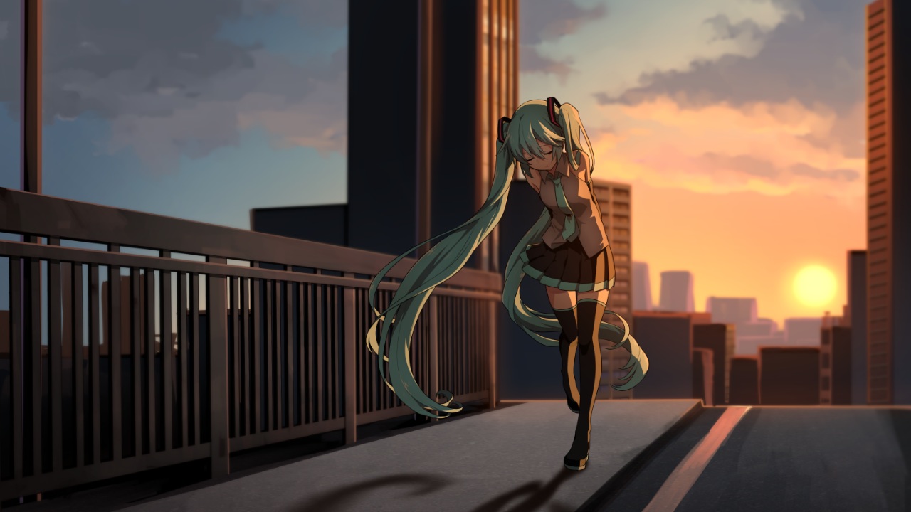 aqua_hair, building, city, hatsune_miku, long_hair, matsuda_toki, scenic, sunset