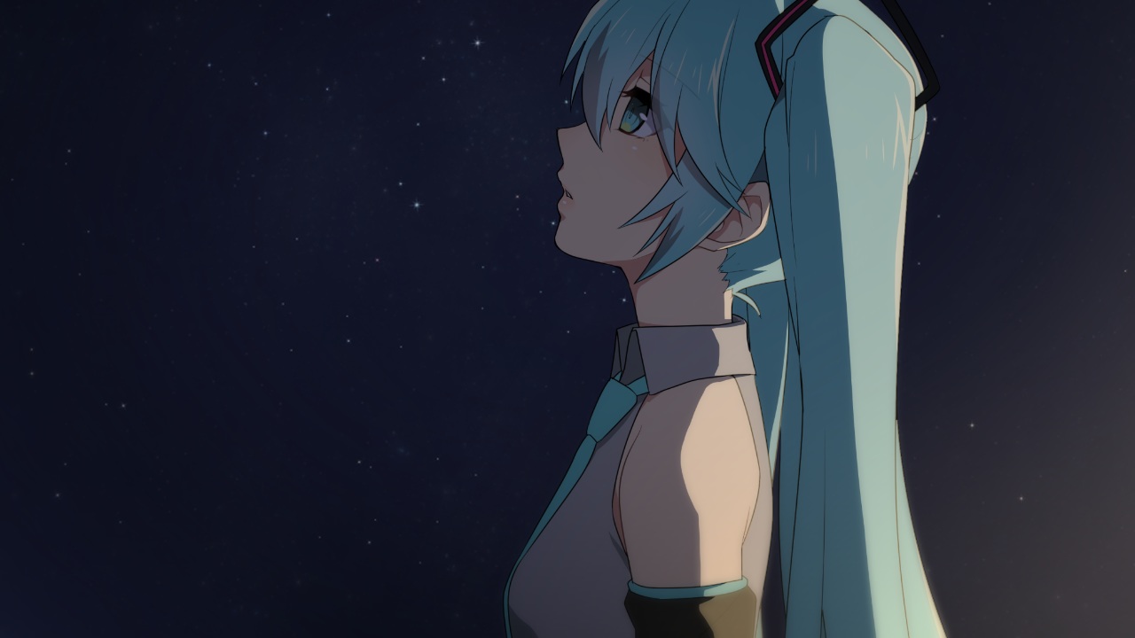 aqua_eyes, aqua_hair, hatsune_miku, long_hair, matsuda_toki, night, sky, stars