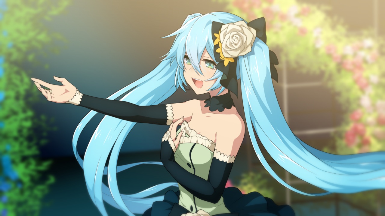 aqua_eyes, aqua_hair, choker, dress, flowers, hatsune_miku, headdress, long_hair