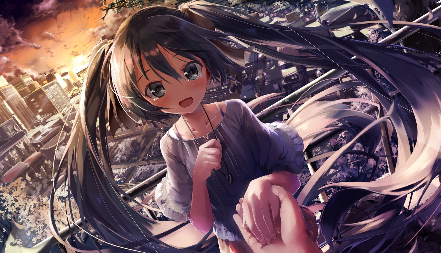 blush, building, city, daidou_(demitasse), hatsune_miku, loli, long_hair, sunset